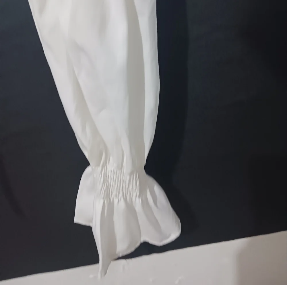 Women sexy white tie puffer elastic long sleeve top - Picture 8 of 16